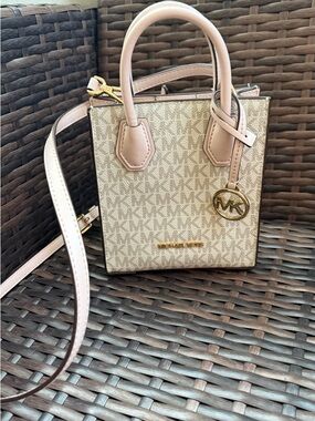 Michael Kors Mini Tote in Beige Signature with Pale Pink Trim
